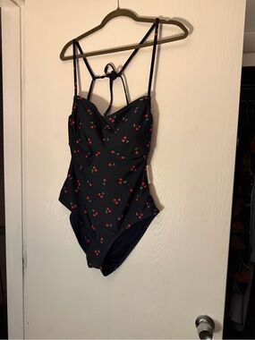 Old Navy dark Navy One-Piece Swimsuit with Red Cherry Print and Green Leaves